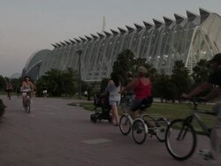 "People jogging and cylcing at the City of the Arts and Science, in Valencia, Spain." Stock Footage