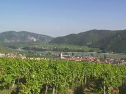 Weissenkirchen on Danube River in Austria PAN Stock Footage