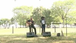 PERFORMANCE - V Bozeman at Bono and Yoko Ono honor John Lennon at Event on Ellis Island Stock Footage
