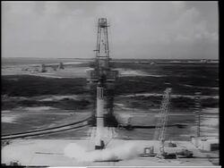 B/W 1961 long shot Mercury 3 rocket blasting off from launch pad / Cape Canaveral / first American in space Stock Footage