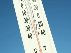 Outdoor Thermometer against Blue Sky Climbing Temperature Stock Footage