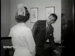 1948: DRAMATIZATION POST-OPERATION: Mr Conrad & Mrs. Conrad's father in hospital waiting room, nurse saying wife alright, family relieved. Nurse w/ Mrs. Conrad in hospital room, wiping face for her. Instructional Video