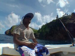 Fisherman on boat joining good place for big game fishing Stock Footage