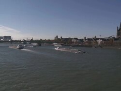 WS View of Rhine river and cargo ship moving in river/ Cologne, North Westphalia, Germany Stock Footage
