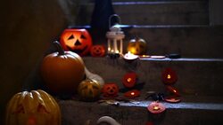 Halloween pumpkin decoration on stone stairs Stock Footage