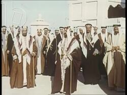 Bahrain 1960s - His Highness Sheikh Sir Salman II bin Hamad al-Khalifa, Ruler of Bahrain, with his entourage. Shipbuilding at Mina Salman Port in Manama. Stock Footage