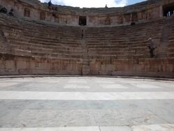 An amphitheatre in the ancient roman city of Gerasa in Jerash, Jordan Stock Footage