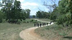 Union soldiers march along a dirt road as a cavalry regiment gallops past. Stock Footage