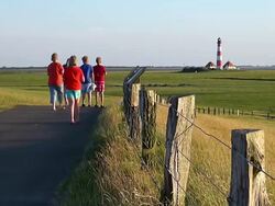 WS Shot of people standing on roadway besides fence syars near Westerhever lighthouse / Westerhever, Schleswig Holstein, Germany Stock Footage