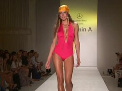 Models walk the runway during the Vitamin A by Amahlia Stevens swimwear 2013 show at the Vitamin A by Amahlia Stevens - Runway - MBFW Miami Swim 2013 Stock Footage