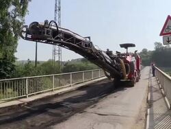 WS Shot of bridge construction site, preparing demolition of old bridge at Saar river / Wiltingen, Rhineland Palatinate, Germany Stock Footage