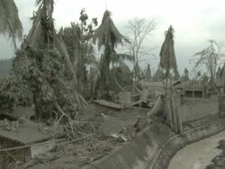 Village devastated by heavy Ashfall from eruption of Merapi volcano; Indonesia. 7 November 2010 / AUDIO Stock Footage