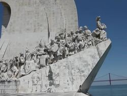 Lisbon, Monument of the Discoveries (Padrao dos Descobrimentos), view of the monument along the Tagus river, Belem Stock Footage
