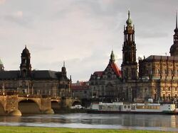 WS, Augustus Bridge and Katholische Hofkirche, Dresden, Germany Stock Footage