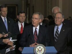 MS PAN  Senate Gop Leader  Mitch McConnell giving answer of reporter question about economic growth  in stand up press availability in Ohio Clock Corridor Audio / Washington, DC, United States Stock Footage