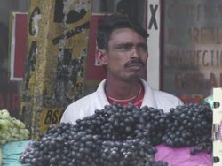 WS Male fruit vendor by stall in street market selling grapes / Delhi, Delhi , India Stock Footage
