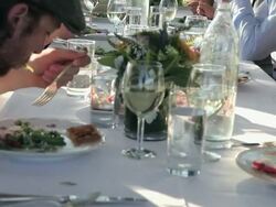 TU MS Group of people dinning at banquet table outside in field/Washington, USA Stock Footage