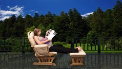 A pregnant woman relaxes in a glider against a computer generated mountain meadow. Stock Footage