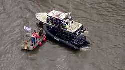 Aerials of Fishing for Leave and Vote Remain EU Referendum Campaign Boats on the River Thames News Clip