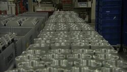 Stainless steel molds fill conveyor belts in a sausage making plant. Stock Footage