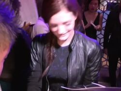 Lydia Hearst makes a donation to Homeless Eddie while greeting fans at Hakkasan in Beverly Hills - Celebrity Sightings in Los Angeles, CA on 11/07/13 Stock Footage