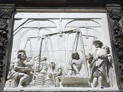 CU Details of Goudse Waag, Cheese and Craft Museum at Market Square / Gouda, South Holland, Netherlands Stock Footage