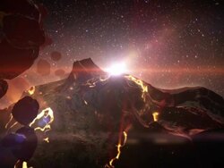 Asteroid field hovering near dead planet in outer space Stock Footage