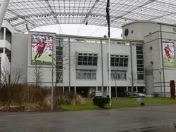 Long shot of entrance to Bayer Arena. Bayer Stock Footage