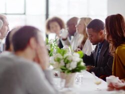 MS group of friends eating desert at dinner party Stock Footage