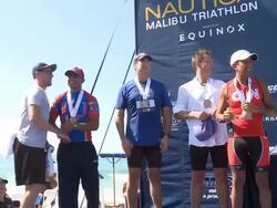 Max Greenfield, Victor Ortiz, Rob Riggle, Michael Weatherly, Sanjay Gupta, Jason Kennedy, Colin Egglesfield, Geoff Stults, Michael Epstein, Jason Alexander at Nautica Malibu Triathlon Stock Footage