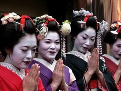 Group of Japanese Geisha girls posing for Photographer, Japan, Asia Stock Footage