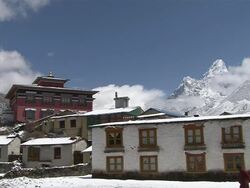 WS ZI View of Main Gompa Building at Tengboche Monastery / Tengboche,  Khumbu Region, Nepal Stock Footage