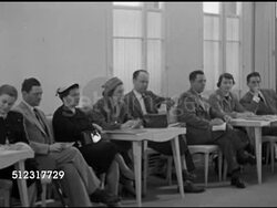 1952: ANNE FOGARTY SUMMER COLLECTION FASHION SHOW: WS Females modeling formal dresses to group (press, buyers, fashion editors) sitting around large room w/ female at microphone talking about dresses (SOT), modeling patterned lined formal dress. Instructional Video