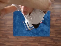 CU, Lockdown, man screwing in new light bulb, climbing down ladder, overhead view Stock Footage