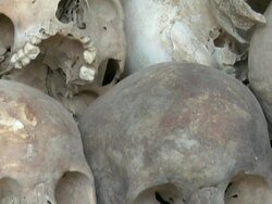 TU CU Human skulls displayed at Choeung Ek, a Killing Fields memorial / Phnom Penh, Cambodia Stock Footage