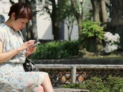 MS Shot of women using smartphone at park / Asakusa, Tokyo, Japan Stock Footage