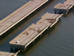 September 13, 2005 aerial medium shot construction on I-10 Twin Span Bridge over Lake Pontchartrain / Louisiana Stock Footage