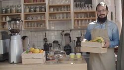 Beard Man Working In His Cafe Stock Footage