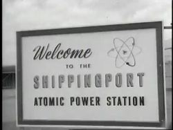 A sign reads Welcome to the Shippingport Atomic Power Station in Shippingport, Pennsylvania. News Clip