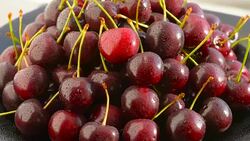 cherries on a rotating plate, closeup Stock Footage