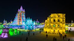 Spectacular illuminated ice sculptures at the Harbin Ice and Snow Festival in Heilongjiang Province, Harbin,  China Stock Footage