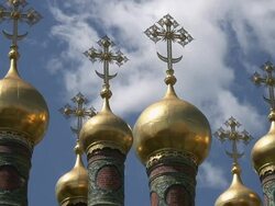 MS View of church tower with golden cupola and cross / Moscow, Russia   Stock Footage