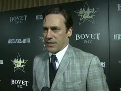 INTERVIEW - Jon Hamm on hosting the event, and on the competitive nature of the event, and Academy Awards predictions at the 7th Annual Hollywood Domino & Bovet 1822 Gala Benefitting Artists For Peace And Justice Stock Footage