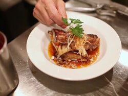 CU R/F Shot of decorating fish and Japanese food in restaurant / Tokyo, Kanto, Japan Stock Footage