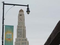 MS View of top part of Barclays Center with Williamsburg Savings Bank Tower / New York, United States Stock Footage