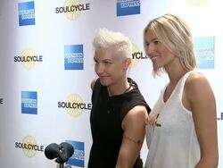Stacey Griffith and Kristen Taekman  - Kristen Bell And American Express - SoulCycle Ride Celebrating Epic Everyday Getaway Stock Footage