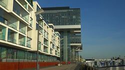 Crane Houses at Rheinau Harbour, Cologne, North Rhine-Westphalia, Germany Stock Footage