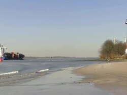WS View of containership on river Elbe near Blankenese / Hamburg, Germany Stock Footage