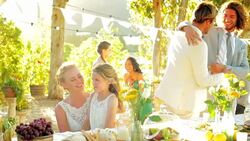 Bride and groom talking to friends and family at wedding reception Stock Footage