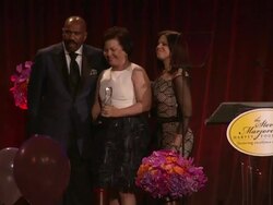 Deborah Lee, CEO of BET (center) with Steve Harvey and Marjorie Harvey  at Steve Harvey Hosts the Screen Gems Presents The Steve and Marjorie Harvey Foundation Gala in NY Stock Footage